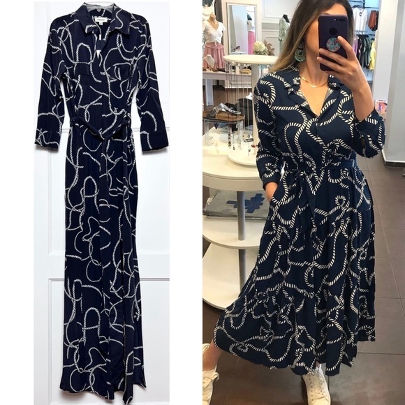 NWT L'AGENCE Silk Nautical Rope Print 3/4 Sleeve Tie Waist Maxi Shirt Dress XS - Picture 1 of 6